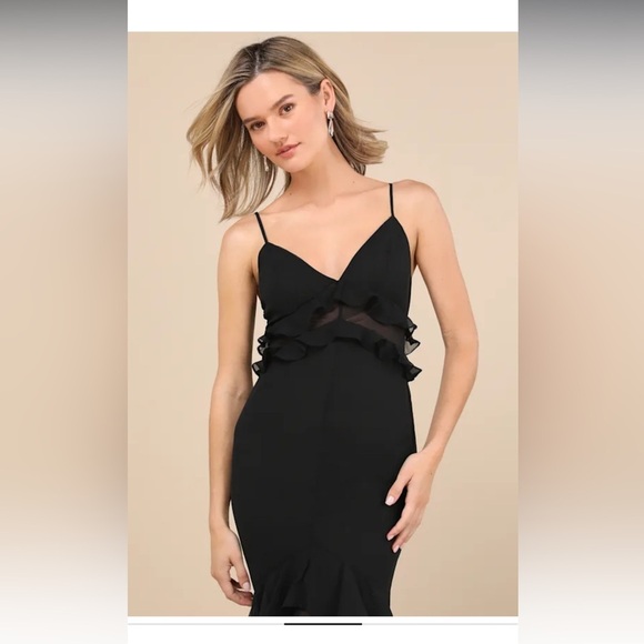 Lulus Pavani Black Sheer Chiffon Ruffled High-Low Midi
Dress by RARE LONDON NWT - Picture 3 of 13